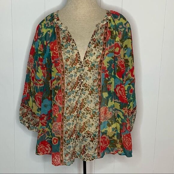 JOIE Womens GLORIA Multicolor Floral SILK V-Neck 3/4 Sleeve Top Blouse Sz Small - Picture 1 of 7